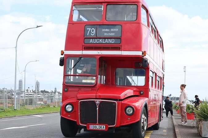 London Routemaster Double Decker Auckland Discovery - Over the Auckland Harbour Bridge: Waitematā Harbour and the skyline